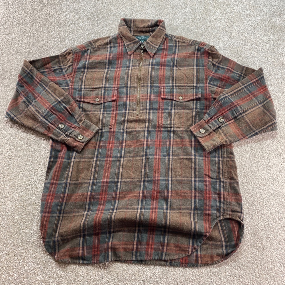 Lauren Ralph Lauren Pullover Womens Medium Brown Plaid Flannel Quarter Zip Shirt